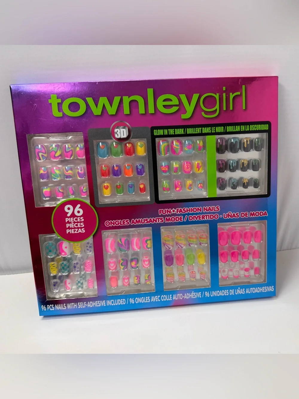 Townley Girl Press-On Nails Rounded Square Neon Glow in the Dark Retro Mix NEW
